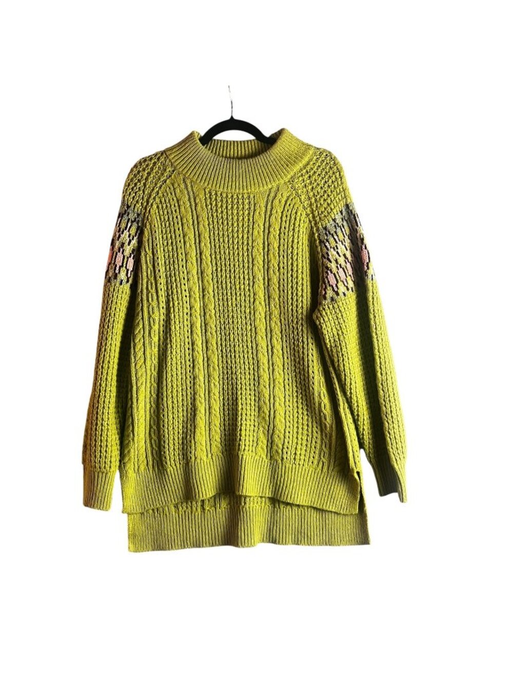 Sundance Sweater Womens Medium Green Cable Knit Fair Isle Tunic Mock Neck
